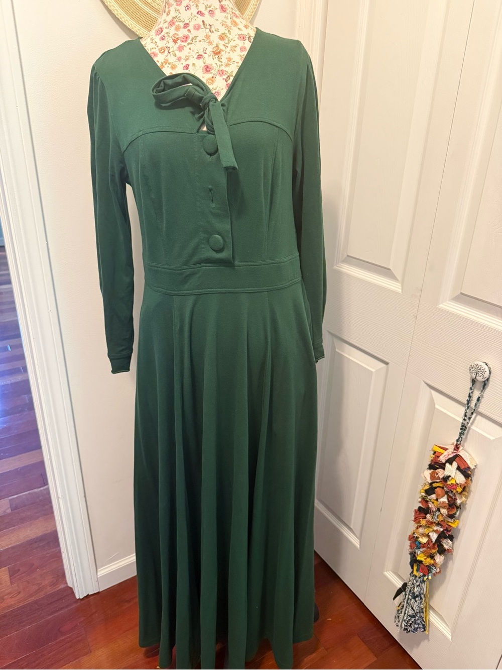 eshakti Emerald Green Long-Sleeve Maxi Dress with Tie Neck